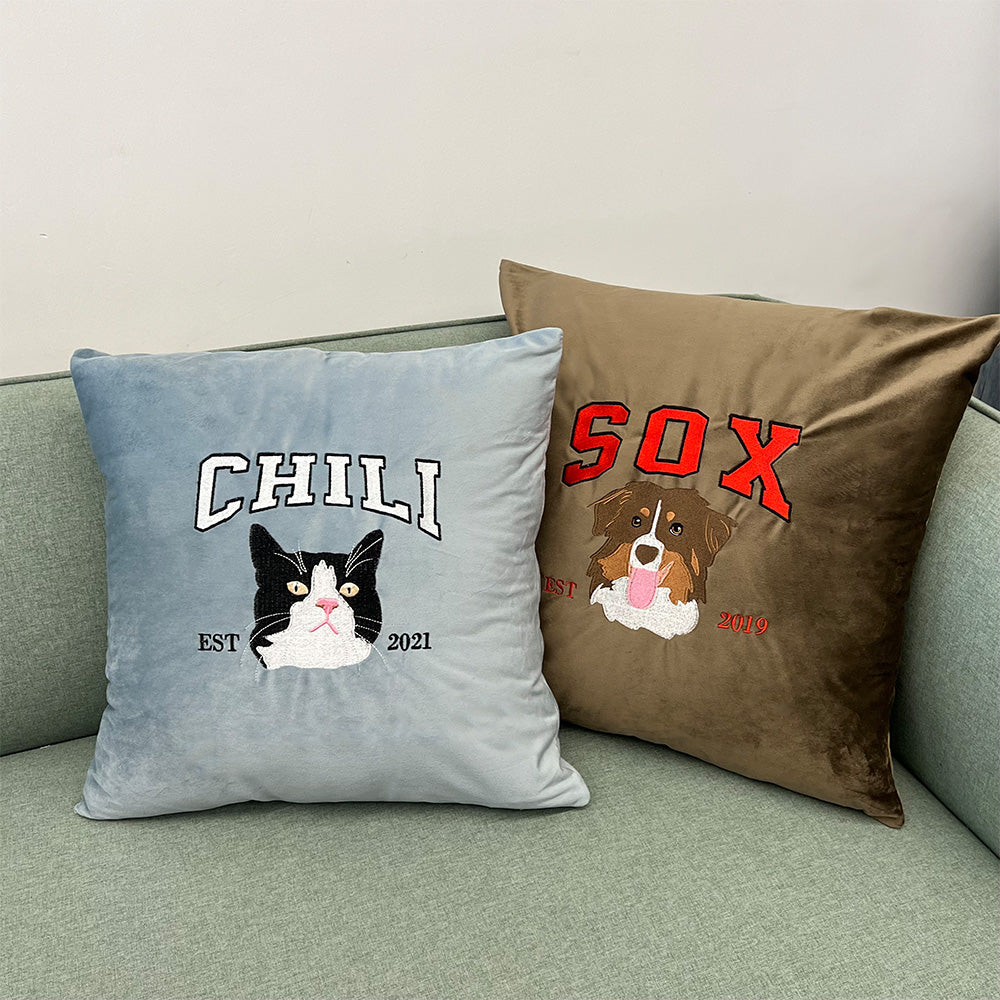 Custom Embroidered Pillow Cushion With Pet Portrait