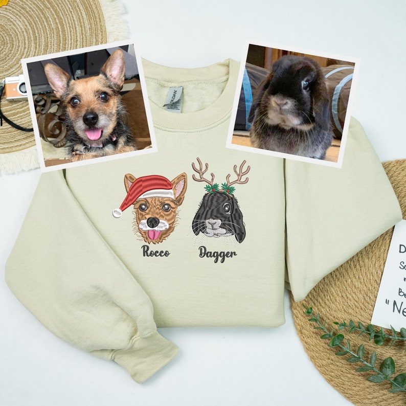 Custom Christmas Pet Face Embroidered Sweatshirt Hoodie For Pet Lovers, Dog Cat Horse Bunny