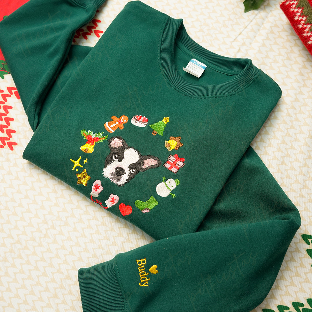 Custom Pet Portrait Christmas Sweatshirt with Festive Embroidered Elements