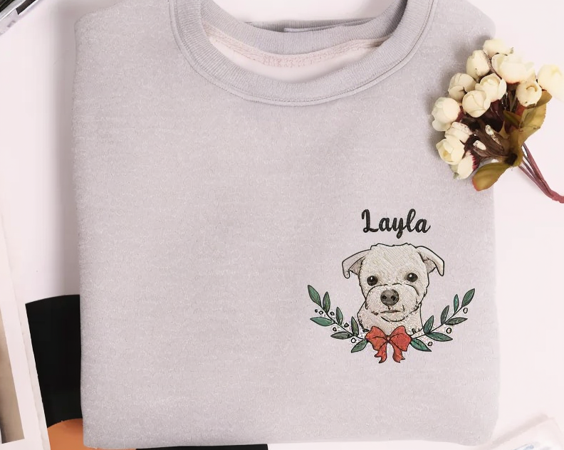 Custom Dog Face Christmas Embroidered Sweatshirt Personalized Pet Face and Name Xmas Sweatshirt