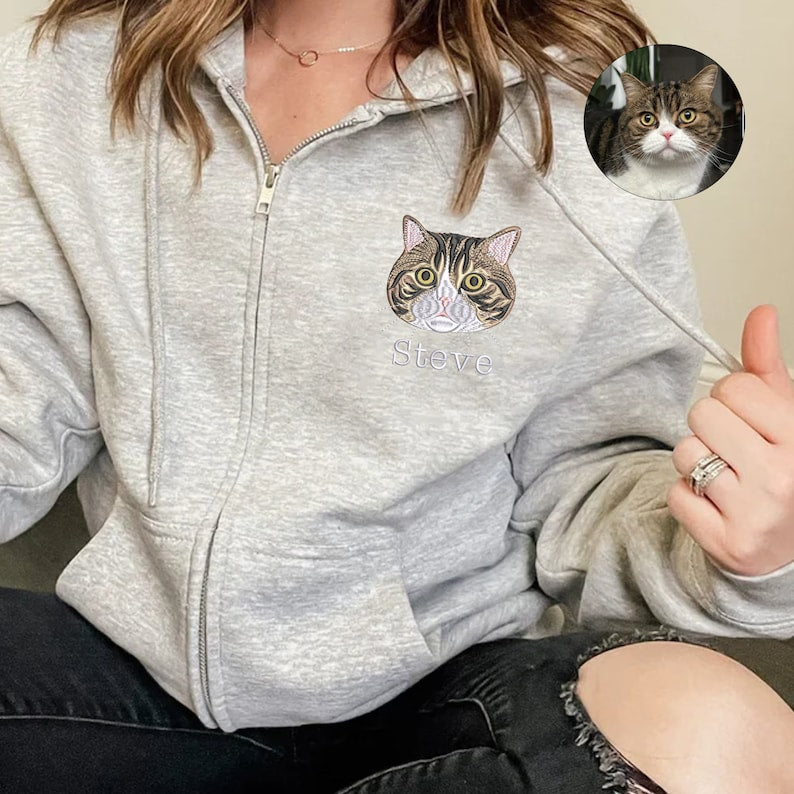 Custom Embroidered Pet Portrait Hoodie Zip Up Hoodie