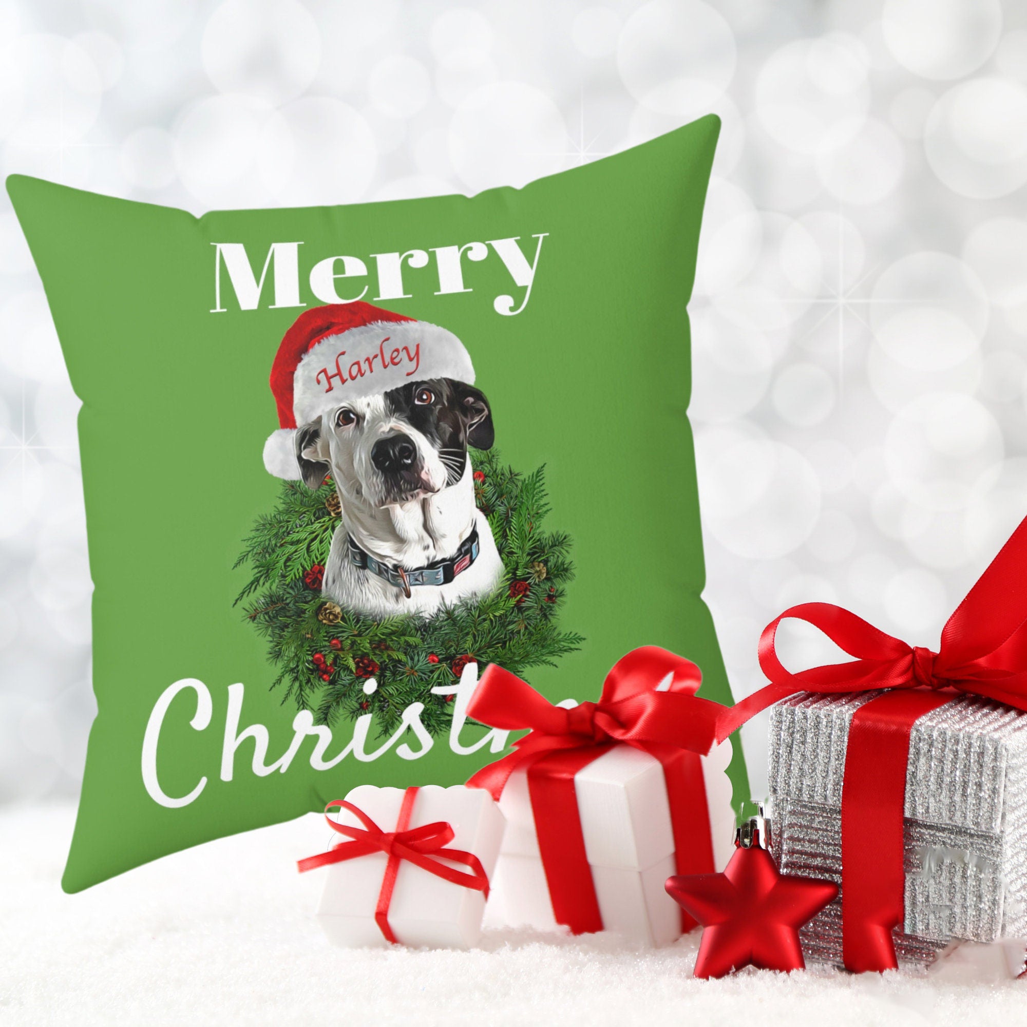 Personalized Dog Portrait Christmas Pillow, Custom Dog Xmas Pillow Using Dog Photo