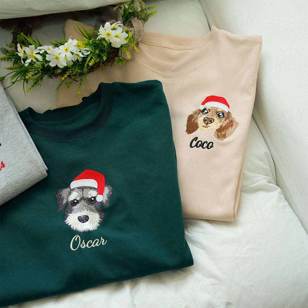 Custom Pet Portrait Embroidered Christmas Jumper, Sweatshirt, Hoodie, T-shirt, Perfect Xmas Gift