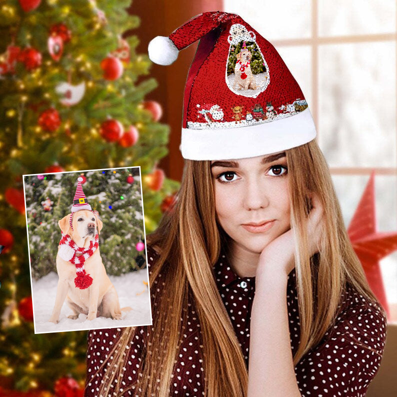 Custom Pet Photo Sequins Santa Hat, Personalized Photo Christmas Hats