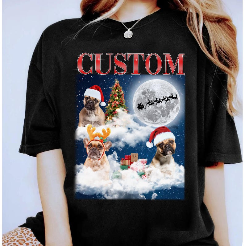 Personalized Pet Dog Portrait Christmas Tee Sweatshirt Hoodie, Custom Pet with Moon Xmas Tree Tee