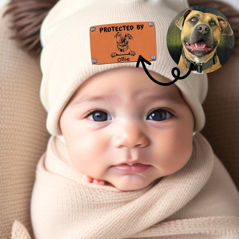 Custom Pet Portrait Protected By Baby Toddler Beanie with Leather Patch for Boy Girl