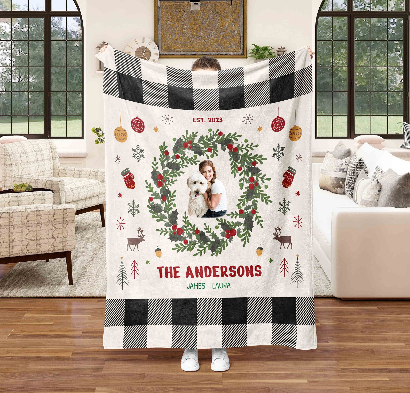 Personalized Holiday Blanket for Family, Custom Christmas Blanket with Family Name and Photo