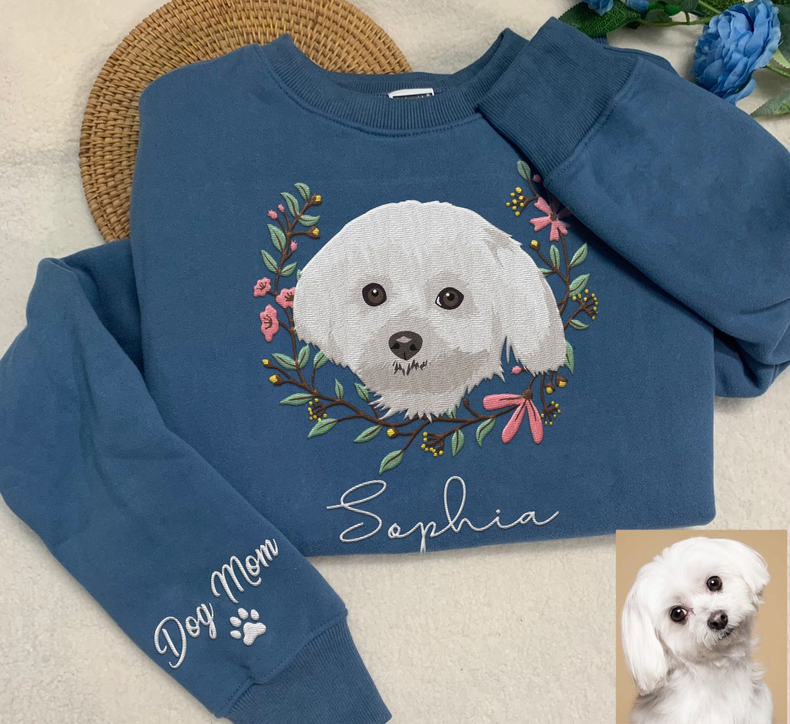 Custom Pet Portrait Embroidered Dog Mom Floral Sweatshirt Hoodie