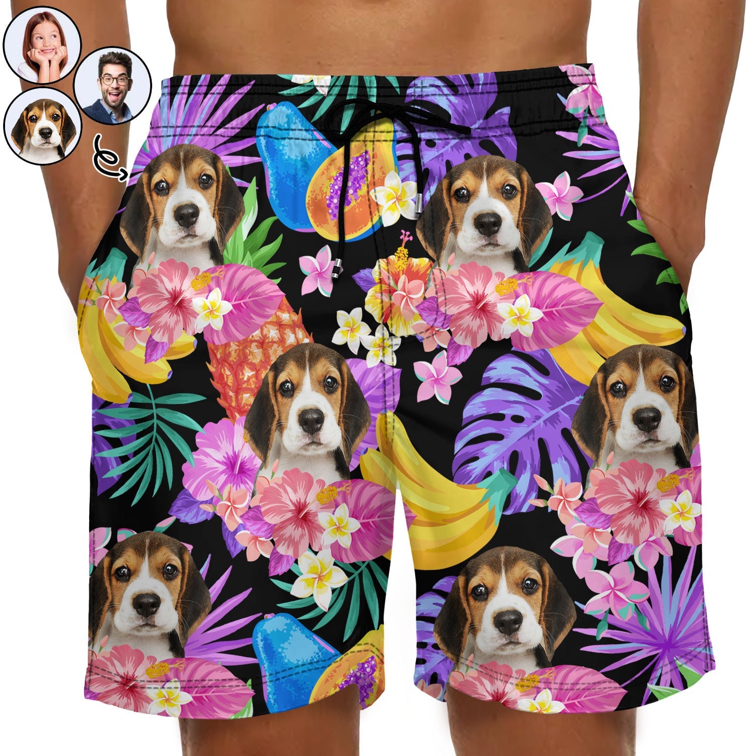 Custom Photo Funny Family Pet Face Black Colorful Tropical - Personalized Unisex Beach Shorts