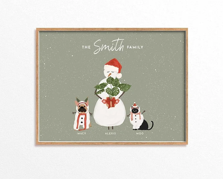 Personalized Christmas Family Portrait Print Wall Art, Custom Family Art with Pets