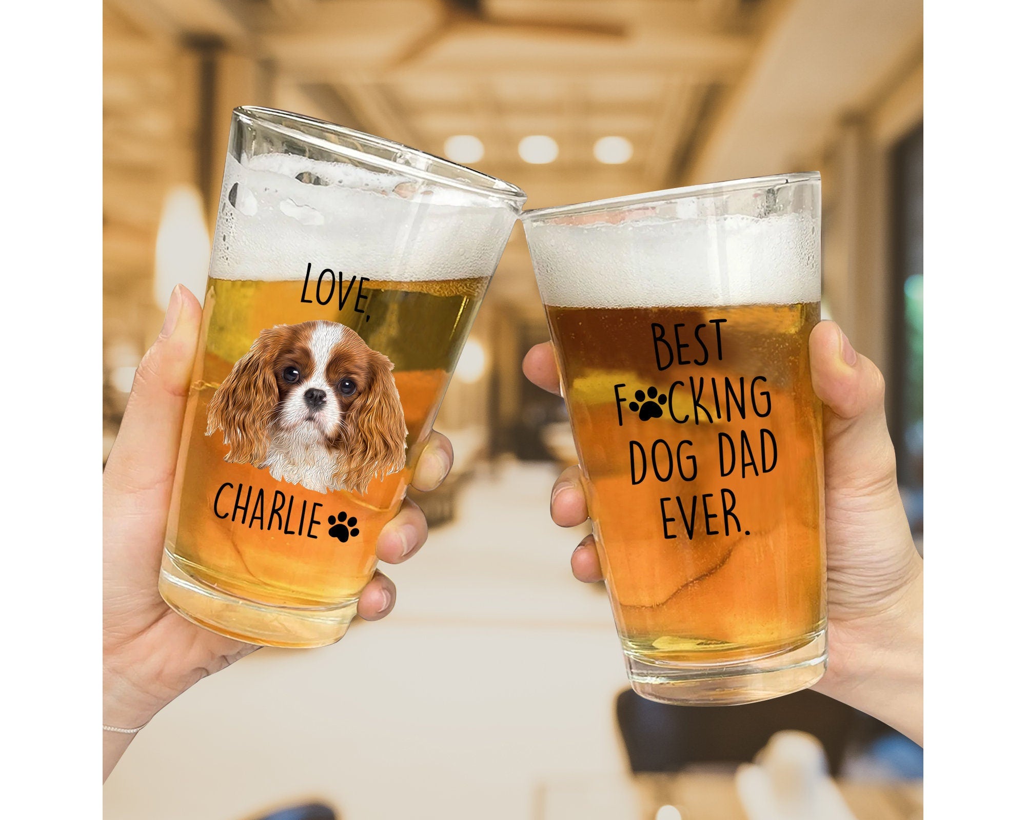 Custom Pet Portrait from Photo Dog Dad Pint Glass, Father Day Gift, 16 oz Pint Beer Glass