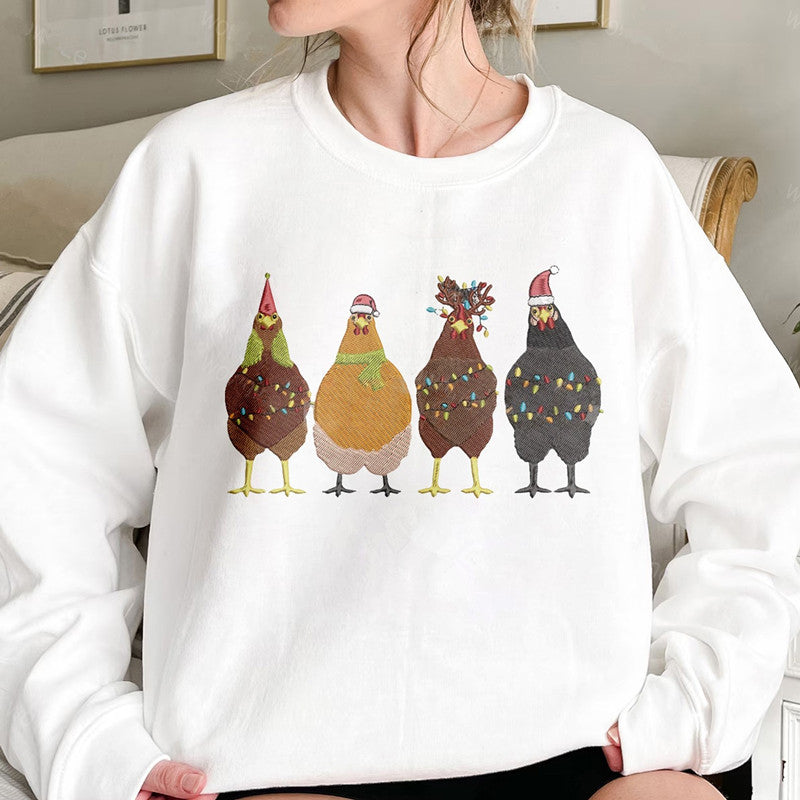 Embroidered Christmas Chicken Sweatshirt, Christmas Farm Animals Sweatshirts