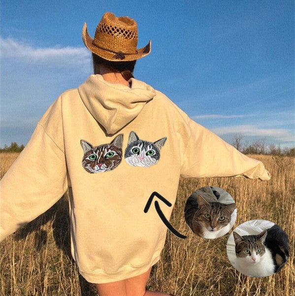 Custom Embroidered Pet Portrait Hoodie, Embroidered Pet Portrait on the Back of Sweatshirt