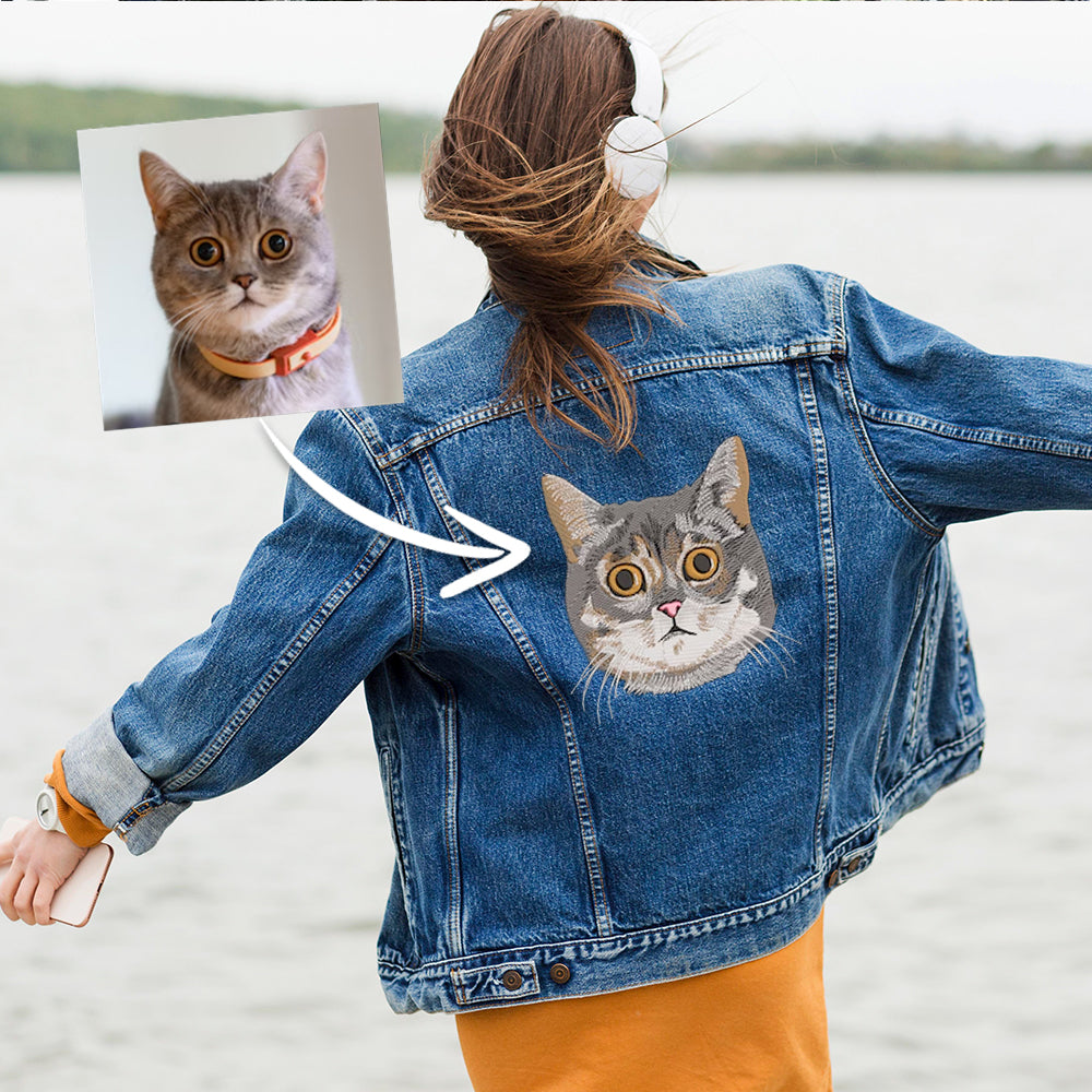 Pet Portrait Embroidered on Denim Jacket Back Side, Custom Pet Denim Jacket