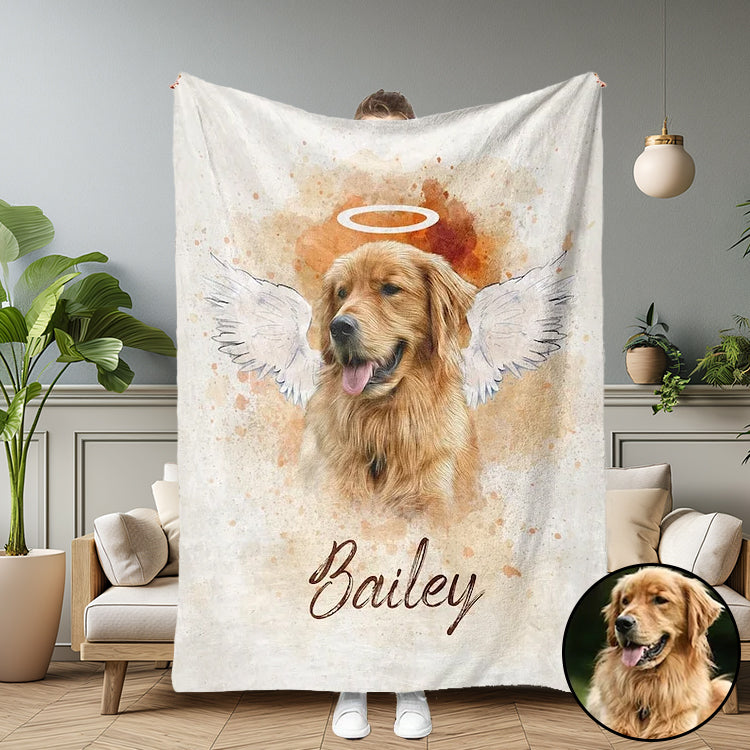 Personalized Pet Memorial Photo Blanket, Pet Loss Gifts, Angel Dog With Wings Blanket