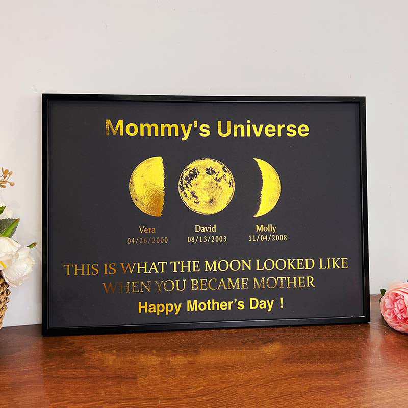 Custom Moon Phase Frame With Text & Date- Custom Art Frame for Mom - Mommy's Universe