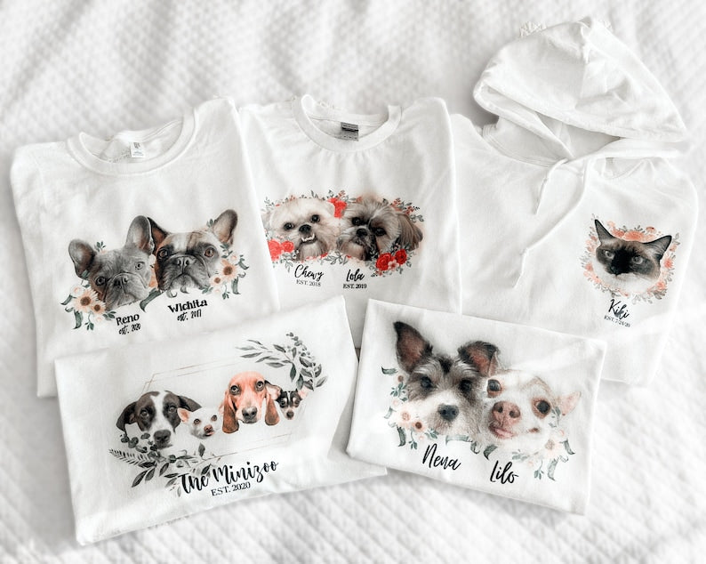 Personalized Pet Face Printed T-shirt Sweatshirt Hoodie Using Photo Name Custom Portrait Floral Wreath