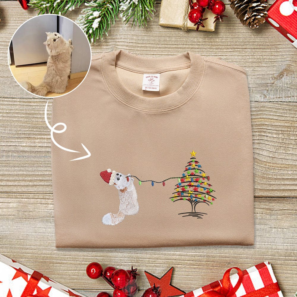 Custom Embroidered Christmas Tree And Lights Pet Embroidered Sweatshirt Hoodie T-shirt