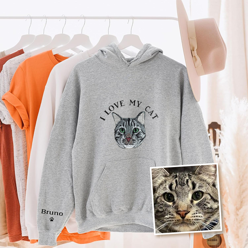 I Love My Cat Custom Pet Portrait Embroidered Crewneck T-shirt Hoodie