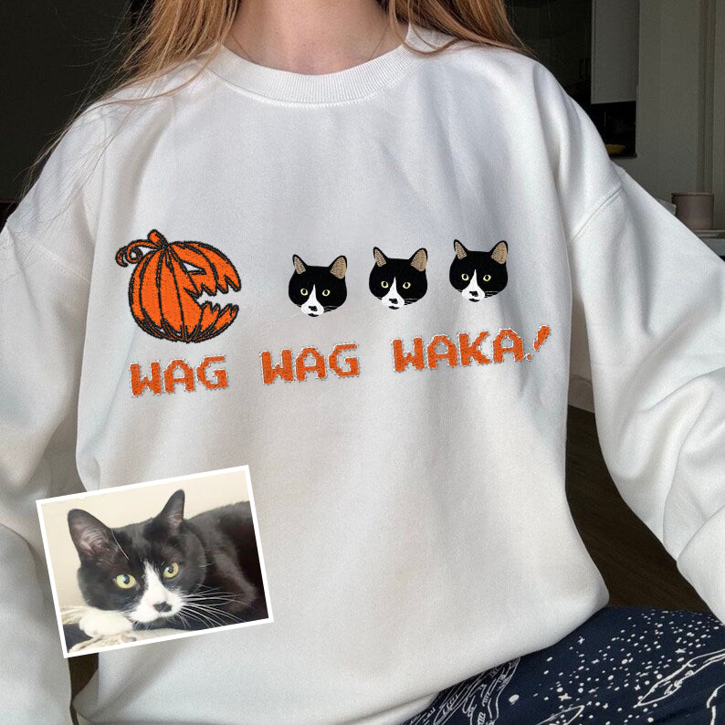 Wag Wag Waka! - Custom Pet Portrait Embroidered Halloween Pumpkin T-Shirt Sweatshirt Hoodie