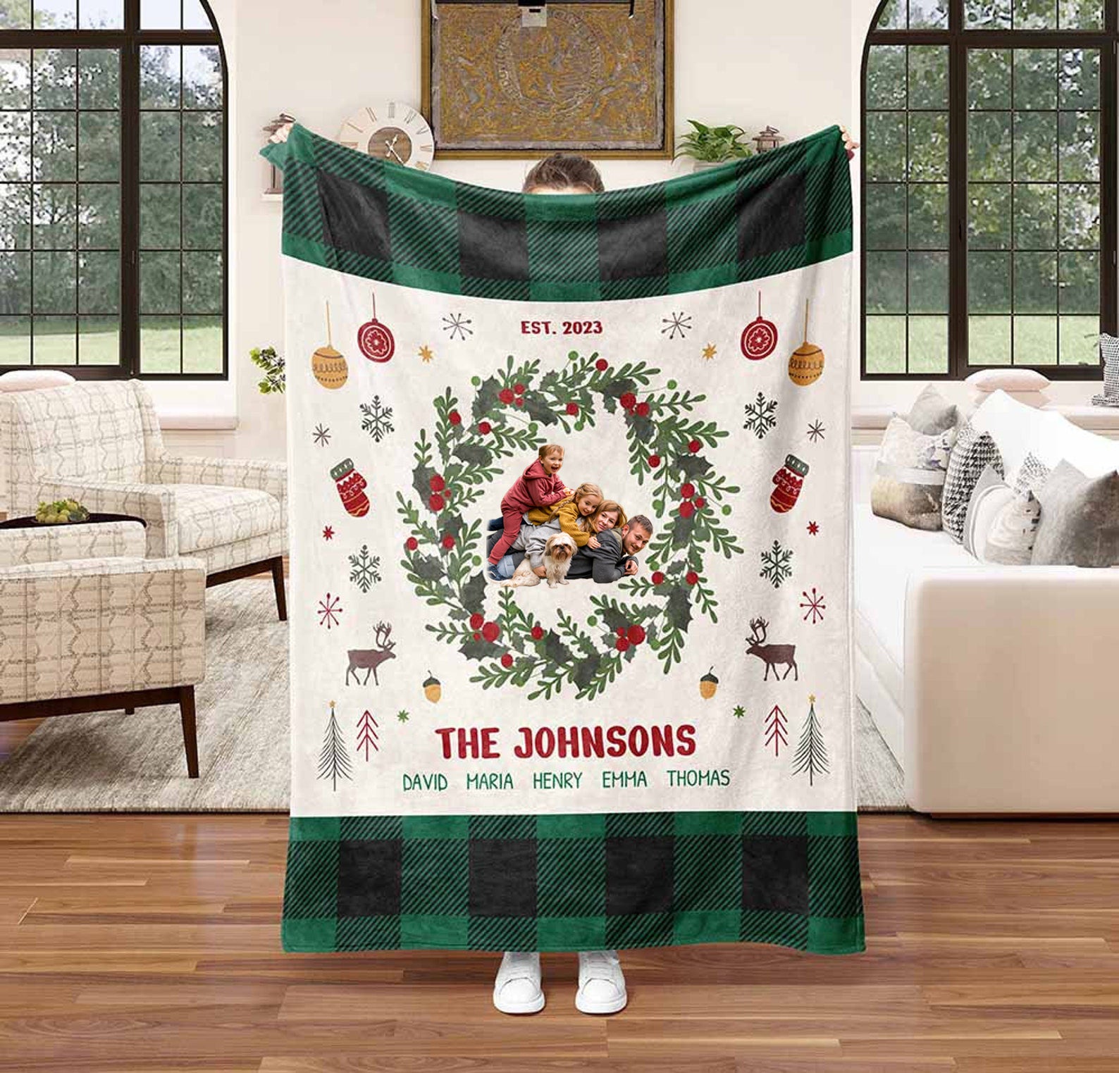 Personalized Holiday Blanket for Family, Custom Christmas Blanket with Family Name and Photo