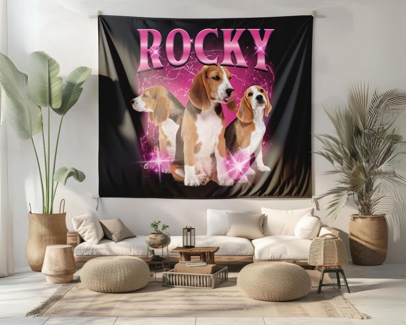 Custom Dog Tapestry, Bootleg Photo Wall Hanging, Vintage Pet Retro 90's Dog Wall Decor, Custom Pet Tapestry