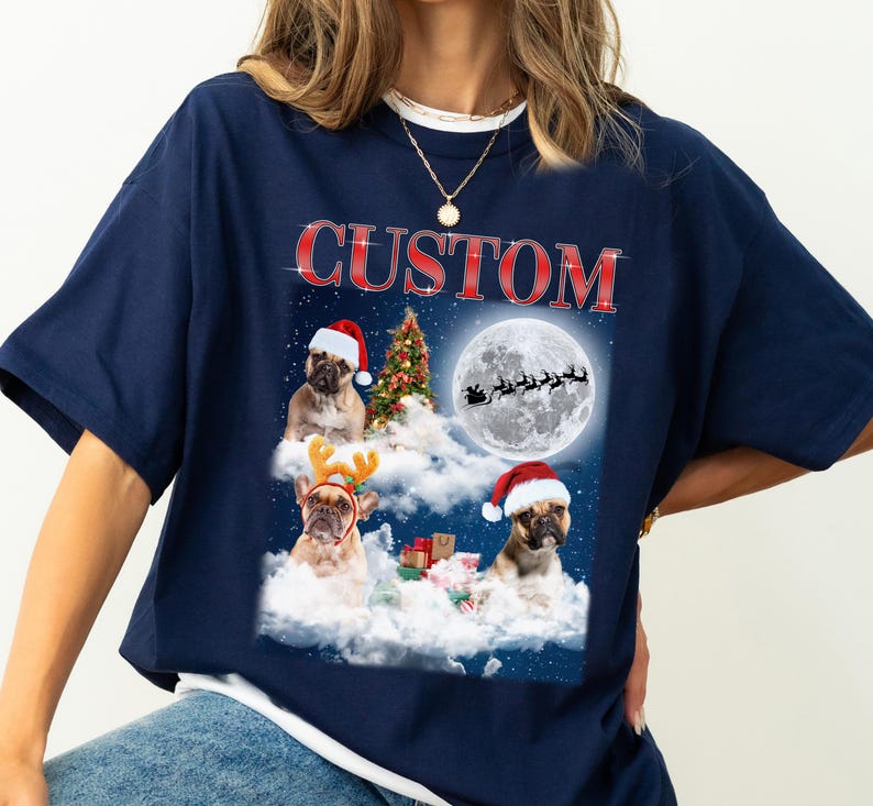 Personalized Pet Dog Portrait Christmas Tee Sweatshirt Hoodie, Custom Pet with Moon Xmas Tree Tee