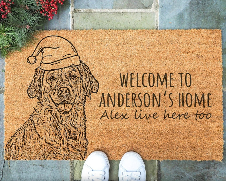 Personalized Dog Picture Doormat, Christmas Doormat, Custom Santa Hat Dog Doormat Mug