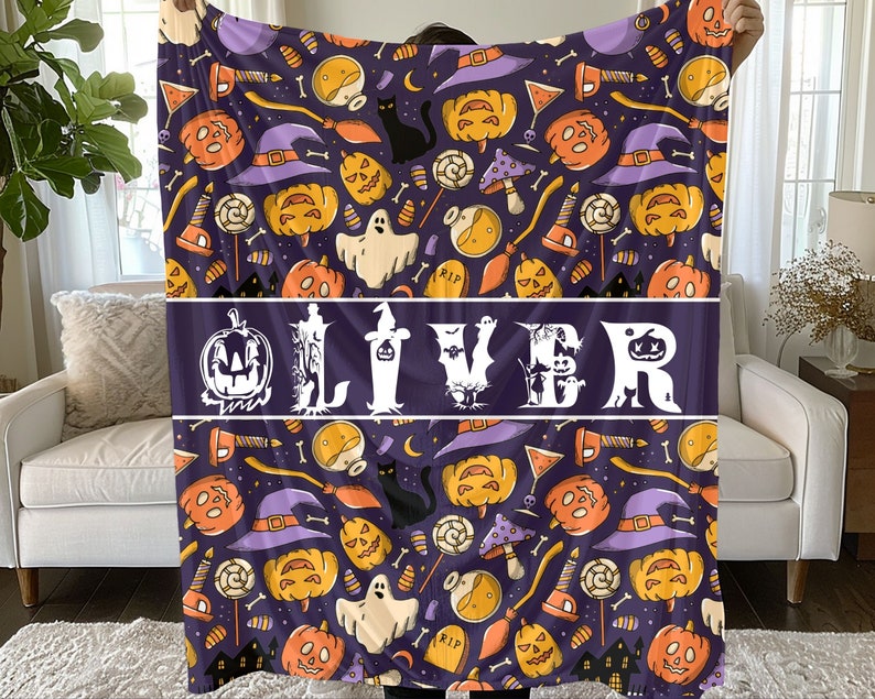 Custom Halloween Name Blanket Personalized Halloween Theme Black Cat Blanket