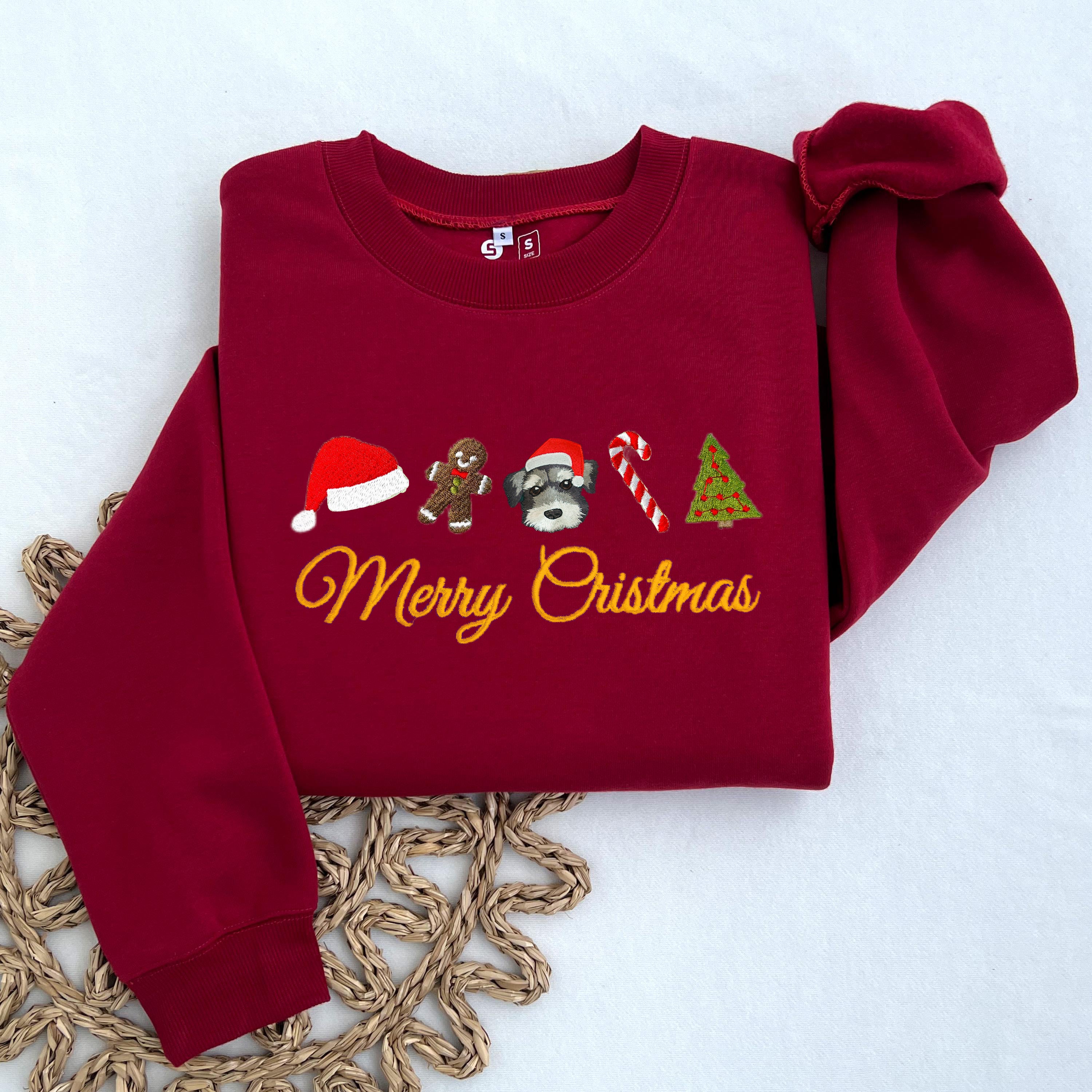 Custom Pet Dog Embroidered Christmas Sweatshirt, Merry Christmas Gingerbread Snowman Crewneck