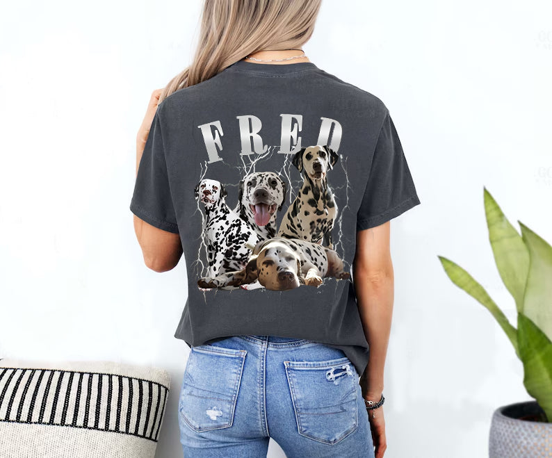 Custom Vintage Pet Photo Printed On Backside Of Pepper Color T-Shirt