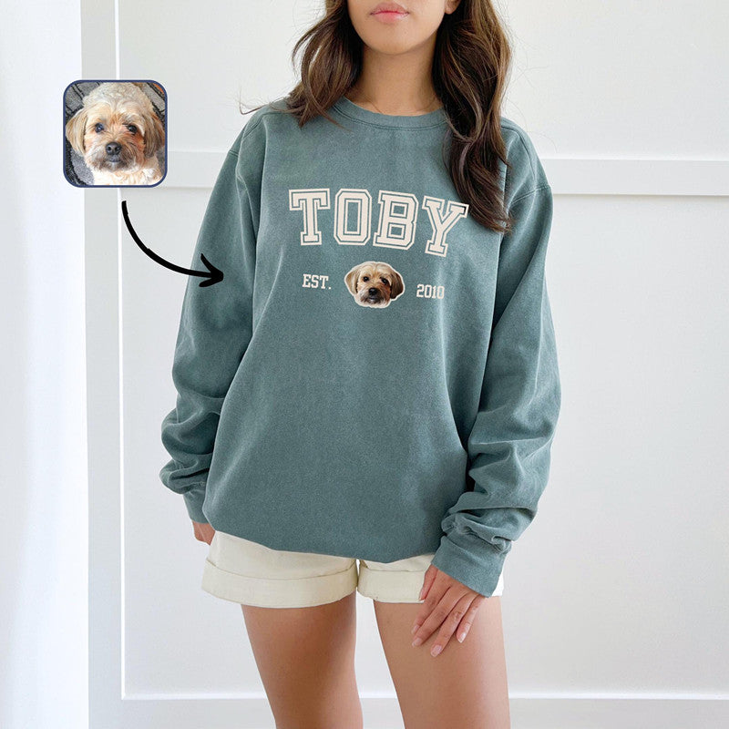 Custom Dog Sweater Using Pet Photo And Name, Varsity Dog Tee Sweatshirt Hoodie