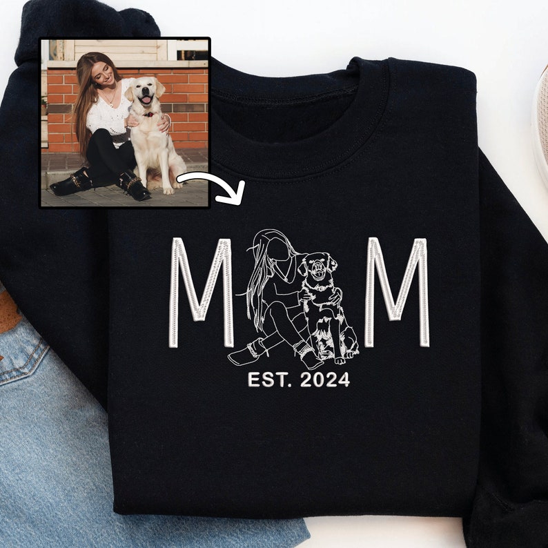 Custom Embroidered Dog Dad / Dog Mom Hoodie Sweatshirt T-shirt with Portrait from Photo