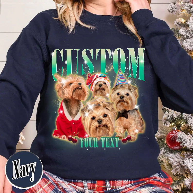 Christmas Bootleg Dog Tee Sweatshirt, Custom Pet Photo Retro Xmas T Shirt Hoodie