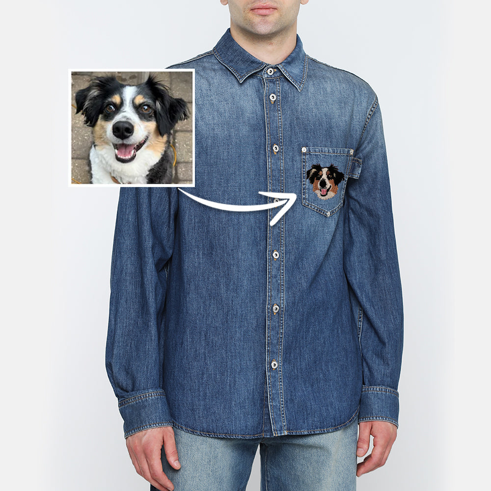 Embroidered Pet Portrait Denim Shirt For Man, Custom Pet Photo Denim Shirt