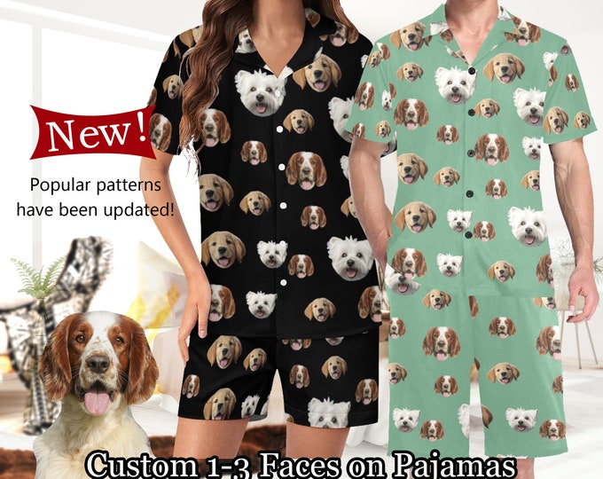 Custom Cat Dog Faces Women Men Short Sleeve Pajama Set