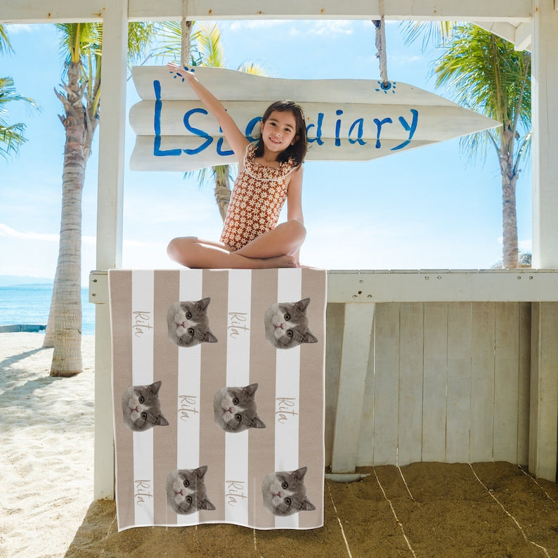 Personalized Pet Photo Beach Towel, Custom Striped Beach Towel with Name