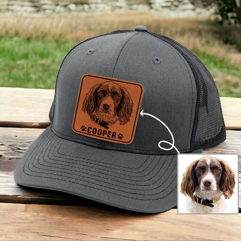 Custom Dog Photo Engraved Trucker Hat Leather Patch - Personalized Fathers Day Gift for Dad