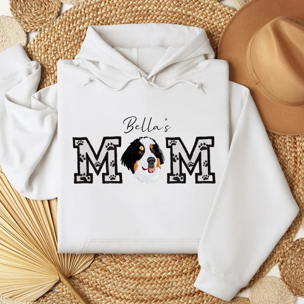 Custom Pet Portrait Embroidered Sweatshirt Dog Mom/Dog Dad Hoodie with Pet Name