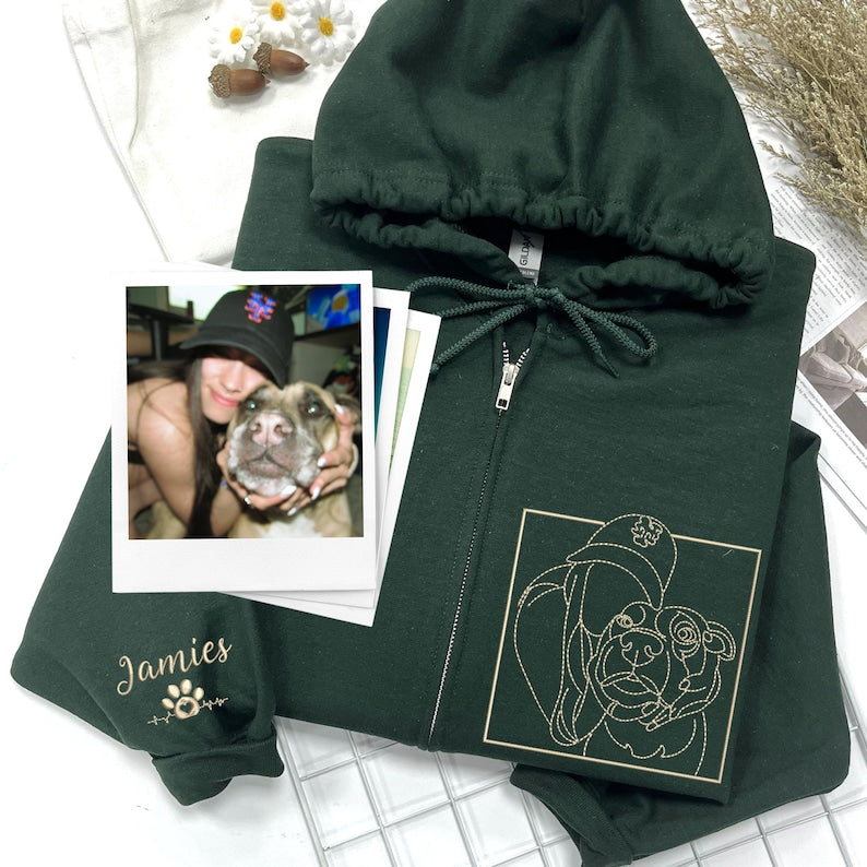 Custom Embroidered Pet Portrait Hoodie From Your Photo Zip-Up Hoodie