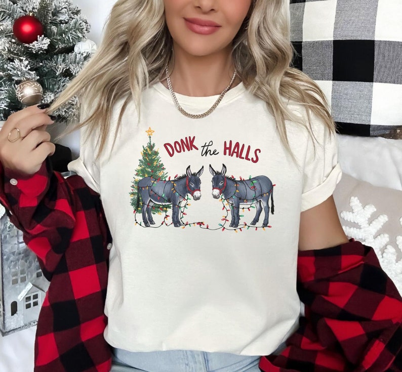 Funny Donkeys Tangled in Christmas Lights T shirt Sweatshirt Hoodie, Christmas Animal Shirt