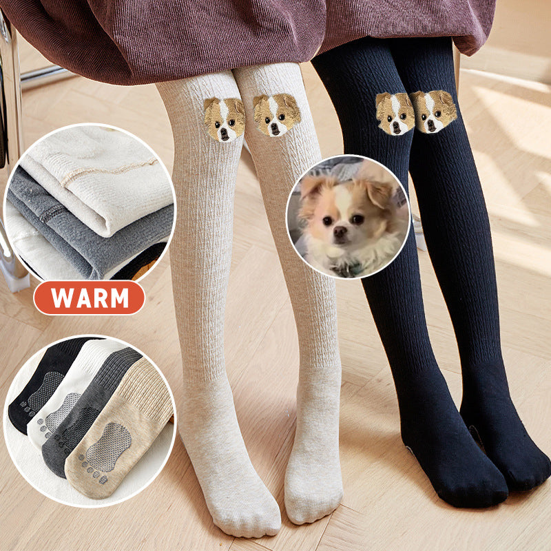 Custom Pet Face Full Color Embroidered Tights Warm Stretch Stockings For Girl