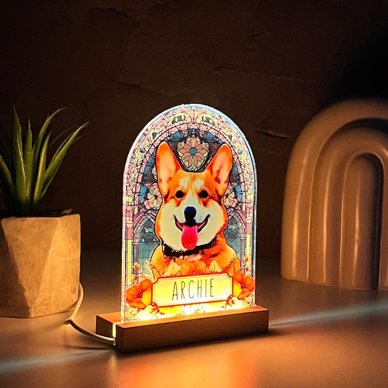 Pet Memorial Custom Acrylic Stained Glass Night Light, Personalized Bedroom LED Decor Sign