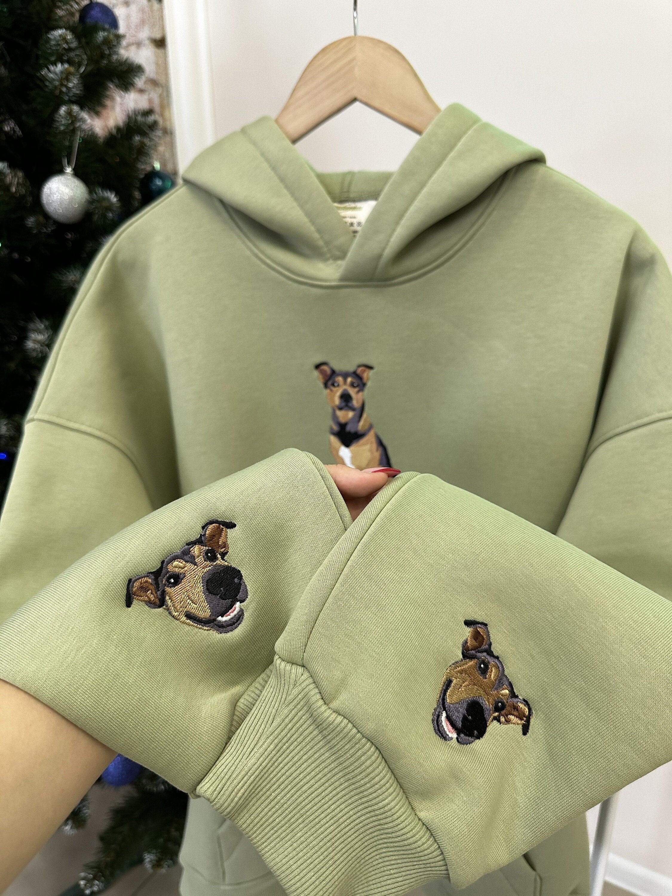 Custom Embroidered Pet On Chest And Sleeve Photo Portrait Hoodie Sweatshirt T-shirt