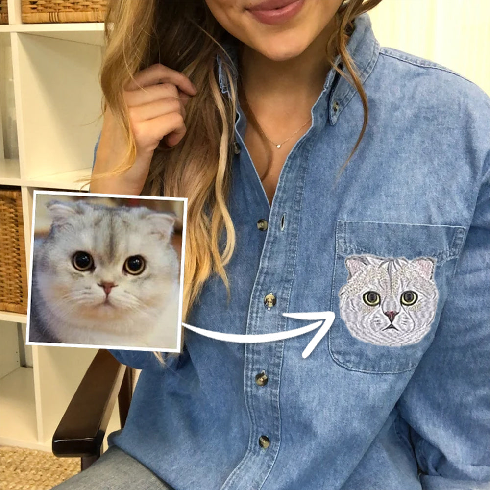 Embroidered Pet Portrait Denim Shirt For Woman, Custom Pet Photo Denim Shirt