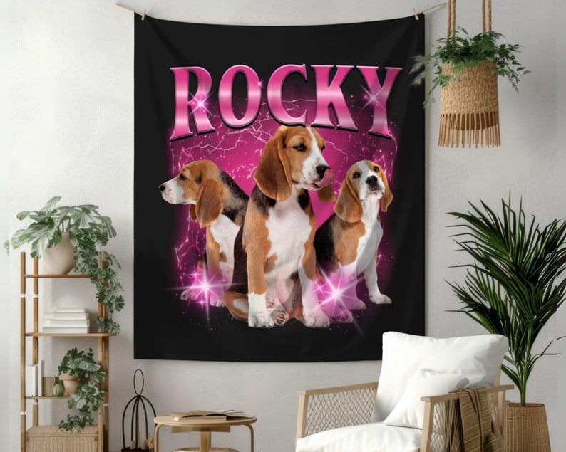 Custom Dog Tapestry, Bootleg Photo Wall Hanging, Vintage Pet Retro 90's Dog Wall Decor, Custom Pet Tapestry