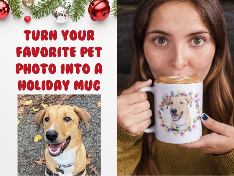 Custom Sketched Pet Mug - Custom Pet Portrait Mug, Pet Illustration, Christmas Mug, Holiday Mug