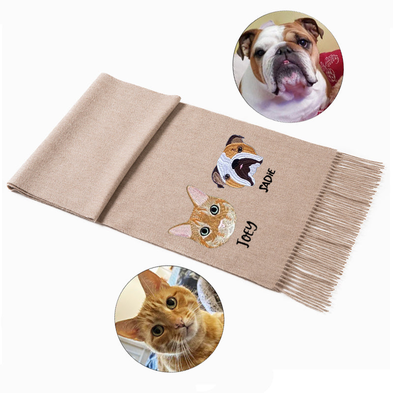 Custom Embroidered Pet Portrait Wool Scarf, Custom Pet Shawls and Wraps