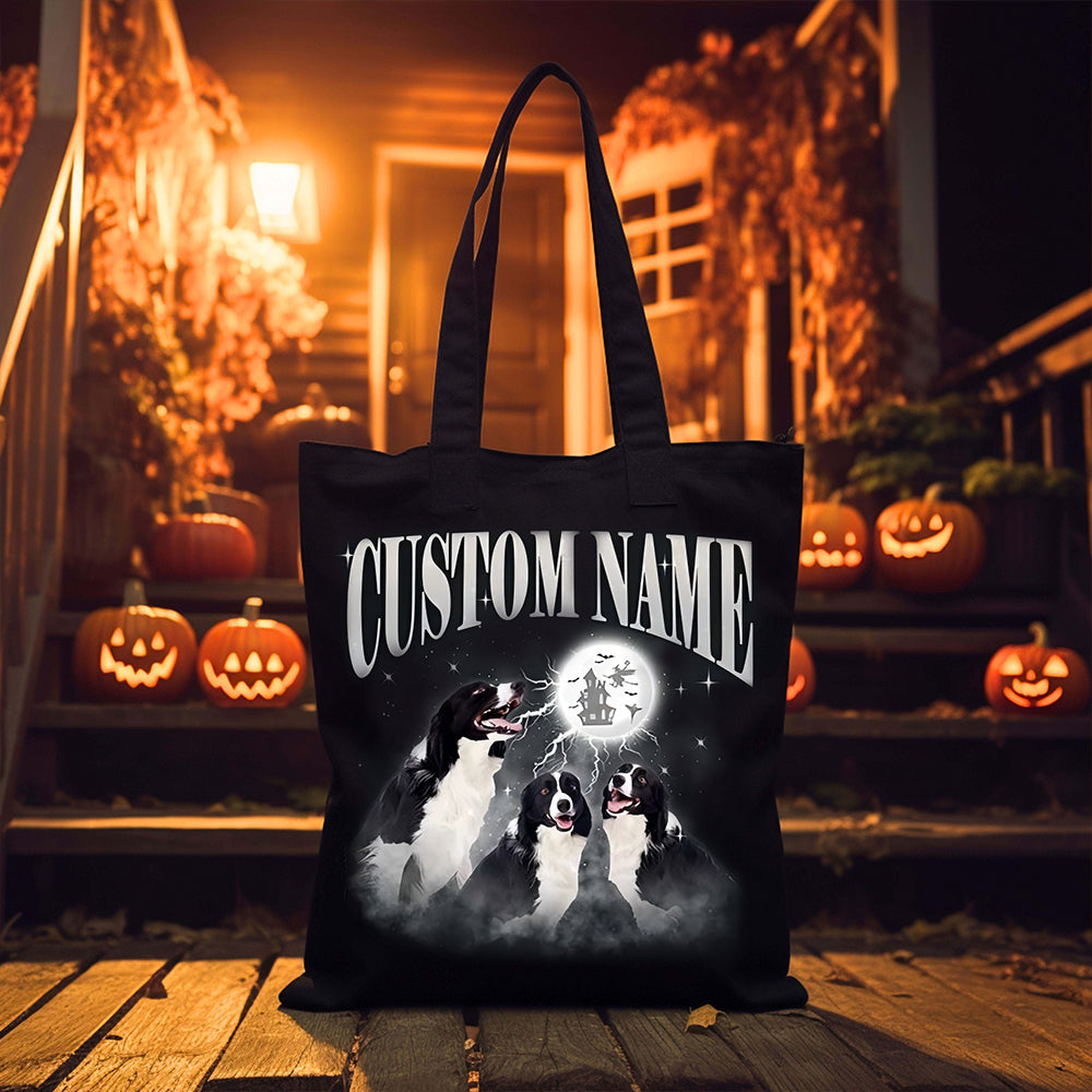 Halloween Personalized Pet Photo Tote Bag Retro Canvas Tote Bag for Trick or Treat