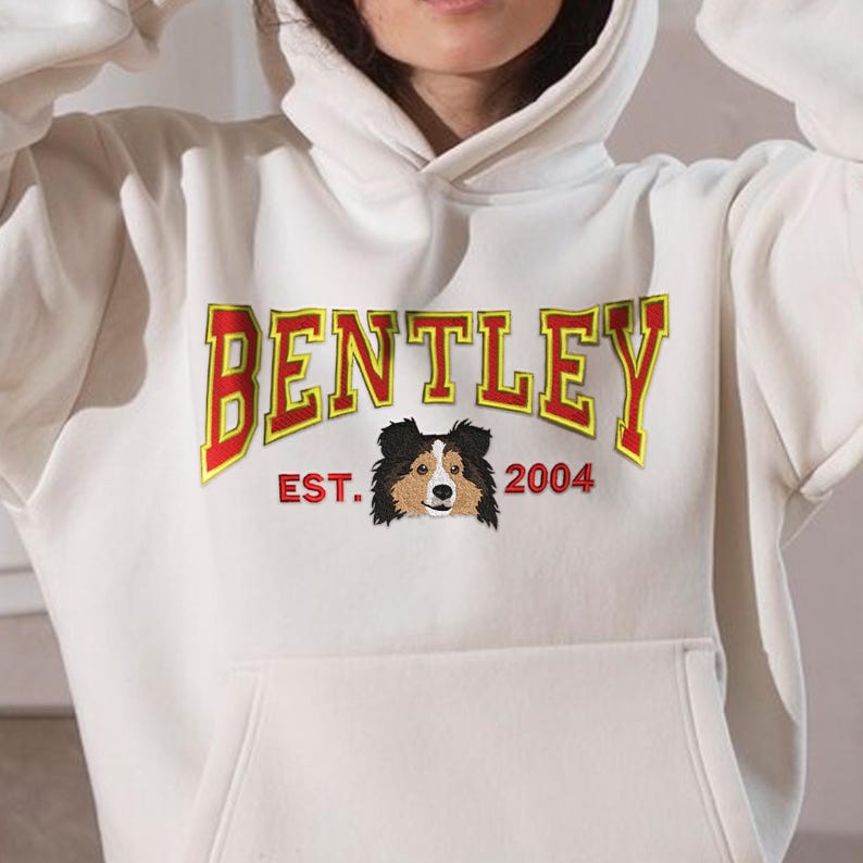 Custom Embroidered Pet Hoodie Using Pet Photo+ Name Varsity Style Sweatshirt Tee